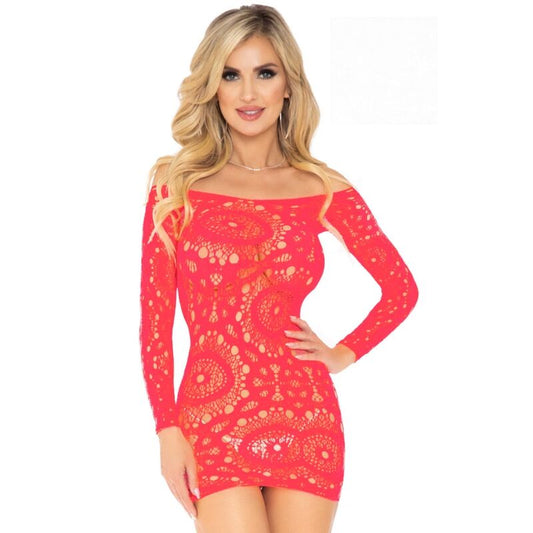 Leg Avenue Dresses Leg Avenue - Crochet Lace Long Sleeve Mini Dress Red One Size