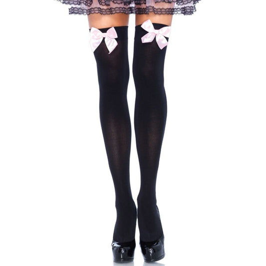 Leg Avenue Hosiery Leg Avenue - Black Nylon Thigh Highs With Pink Bow One Size