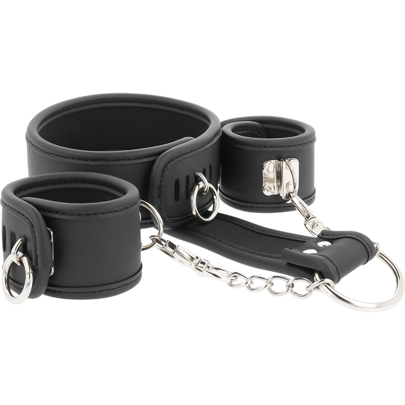 Fetish Submissive Bondage Fetish Submissive - Vegan Leather Necklace And Handcuffs With Noprene Lining